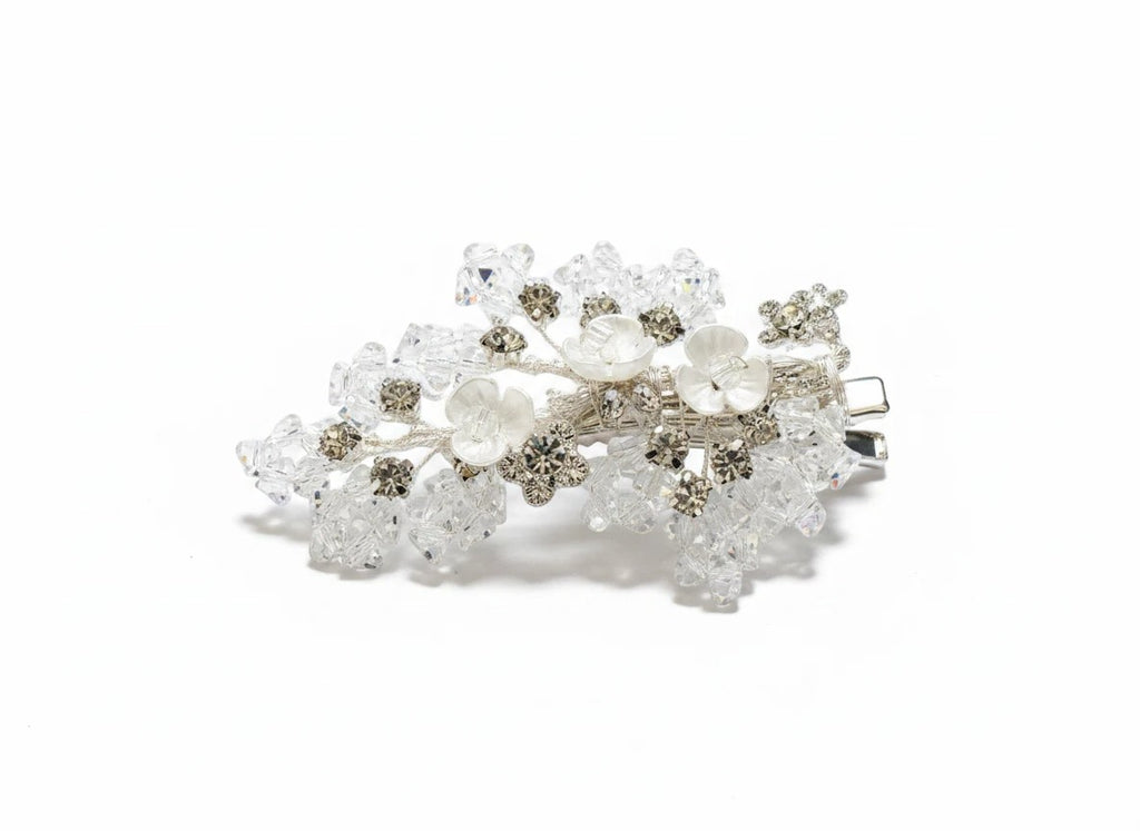 KEVOUR crystal floral bridal hair clip with frosted blooms and clear rhinestones on a silver-tone alligator clip.