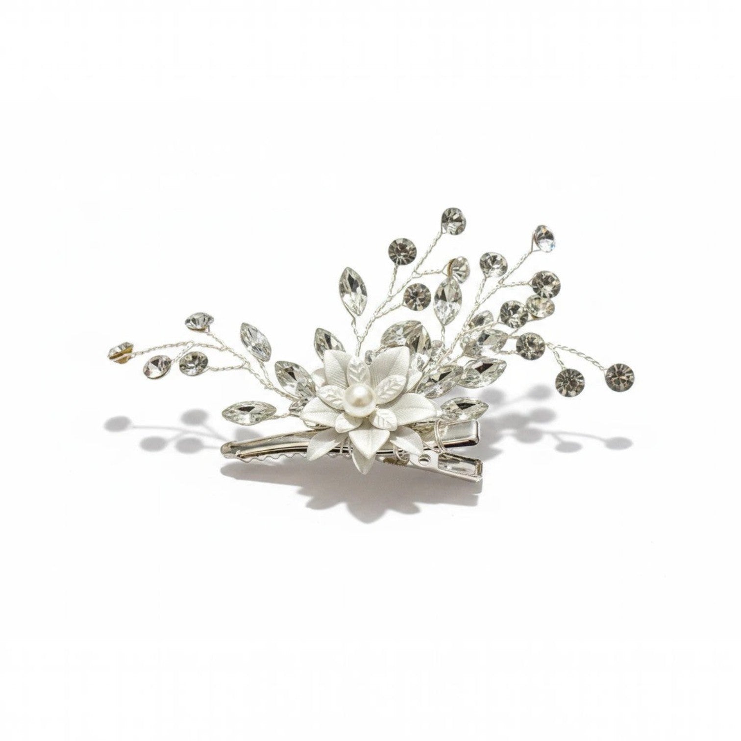 KEVOUR crystal flower bridal hair clip with frosted petals, pearl center, and rhinestone sprays on silver wire.