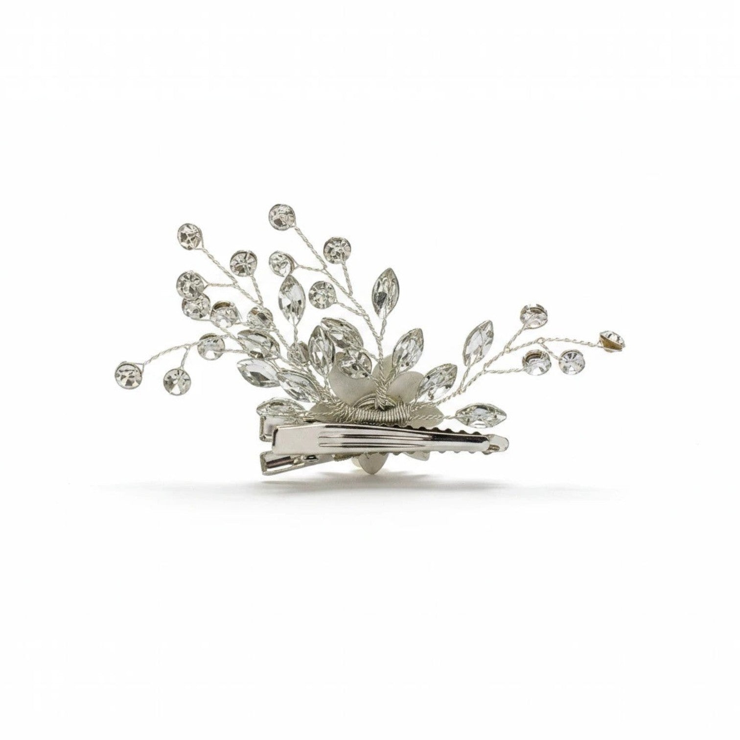 KEVOUR crystal flower bridal hair clip with rhinestone sprays on a silver-tone alligator clip for weddings.