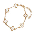 KEVOUR 18K gold-filled bracelet featuring five simulated mother-of-pearl clover charms with beaded gold edges.