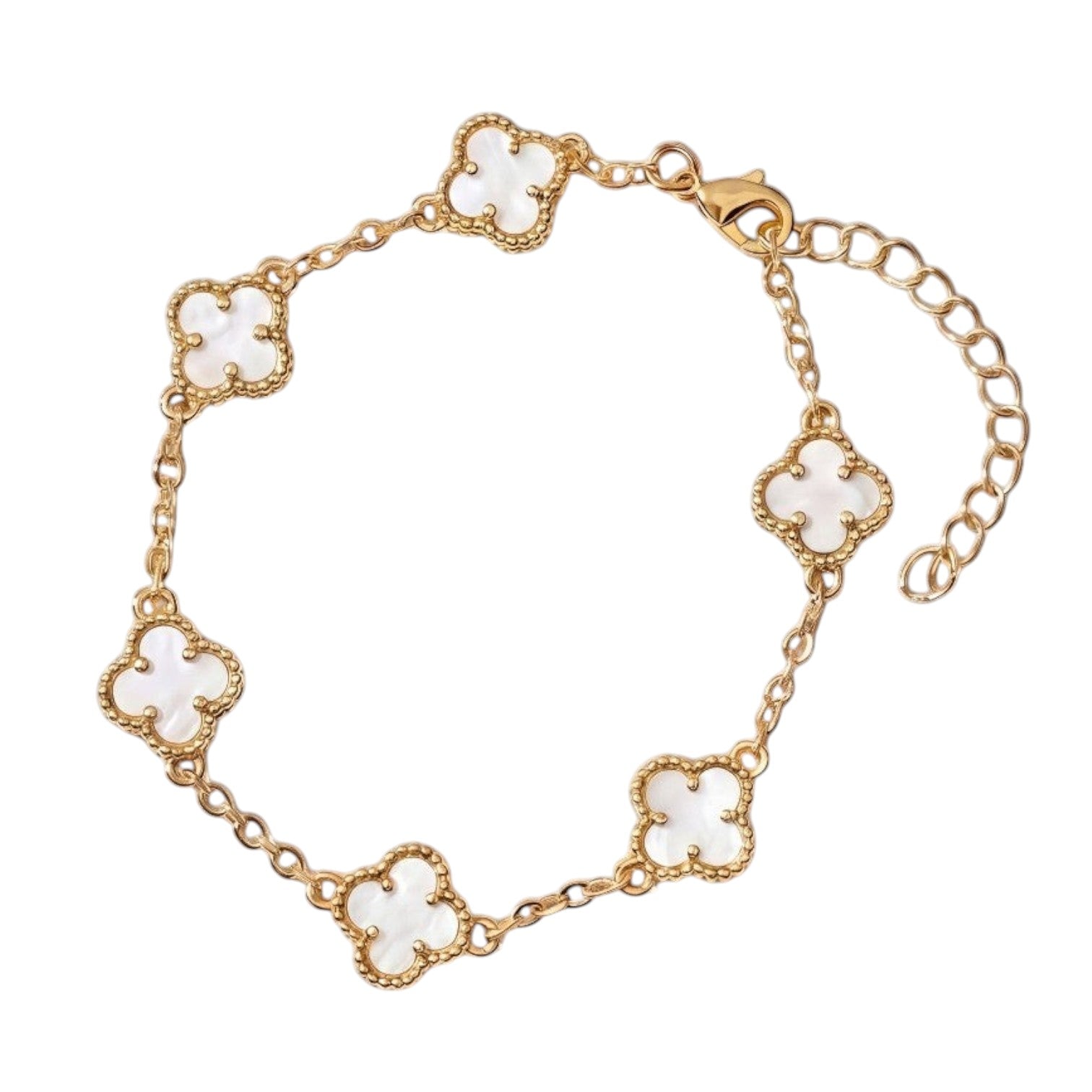 KEVOUR 18K gold-filled bracelet featuring five simulated mother-of-pearl clover charms with beaded gold edges.