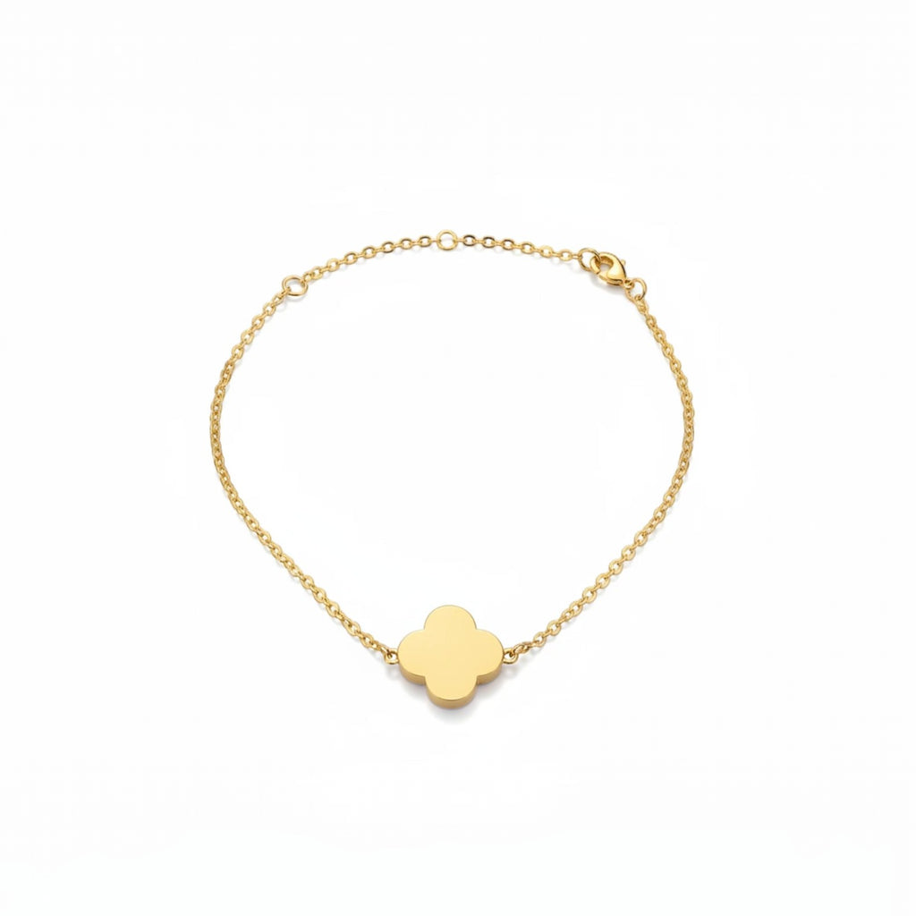 KEVOUR 18K gold-filled bracelet featuring a delicate four-leaf clover charm on a dainty chain with lobster clasp.
