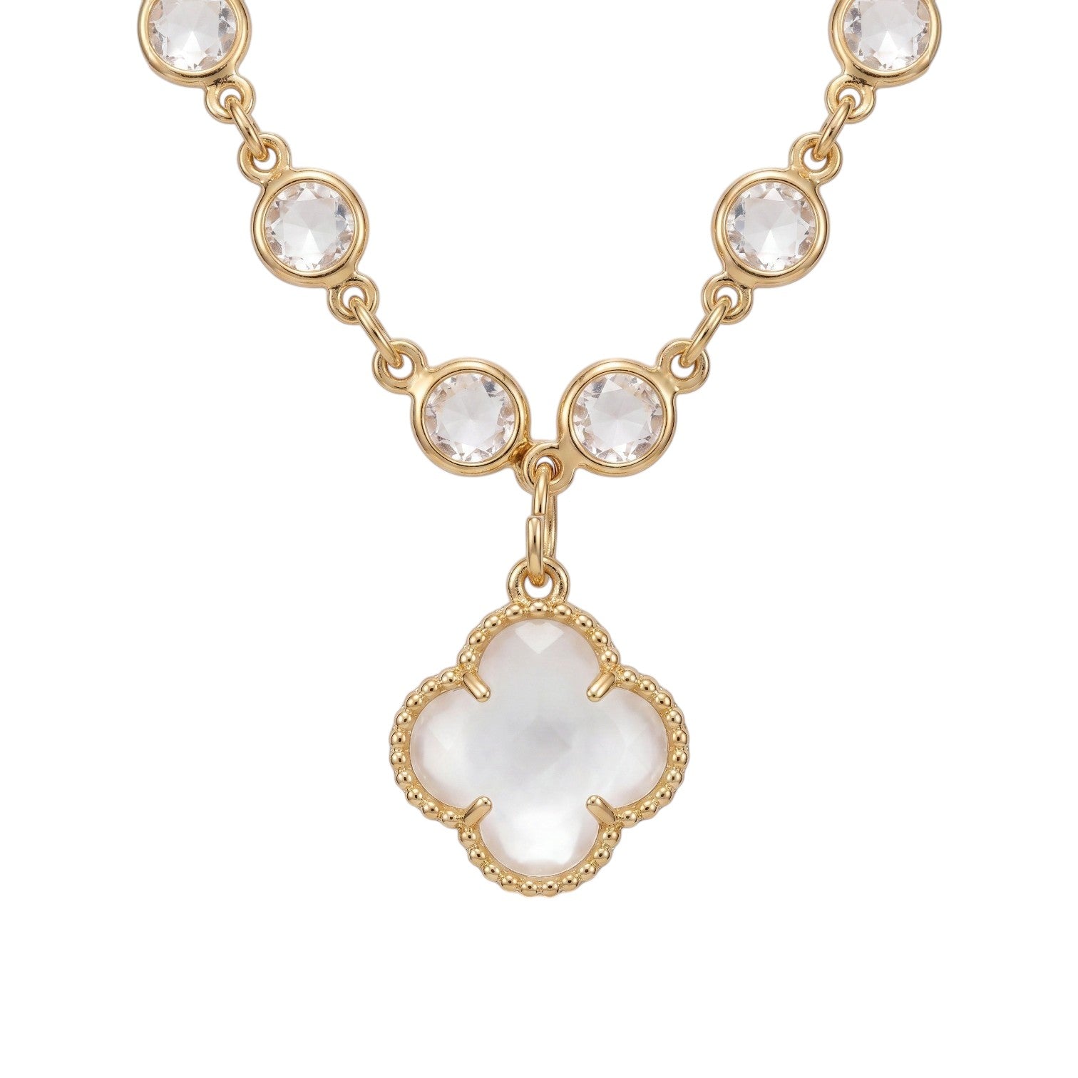KEVOUR 18K gold-filled station necklace featuring bezel-set clear cubic zirconia crystals and a clover charm pendant.
