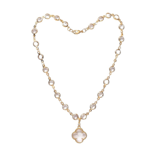 KEVOUR 18K gold-filled station necklace featuring bezel-set clear cubic zirconia crystals and a clover charm pendant.