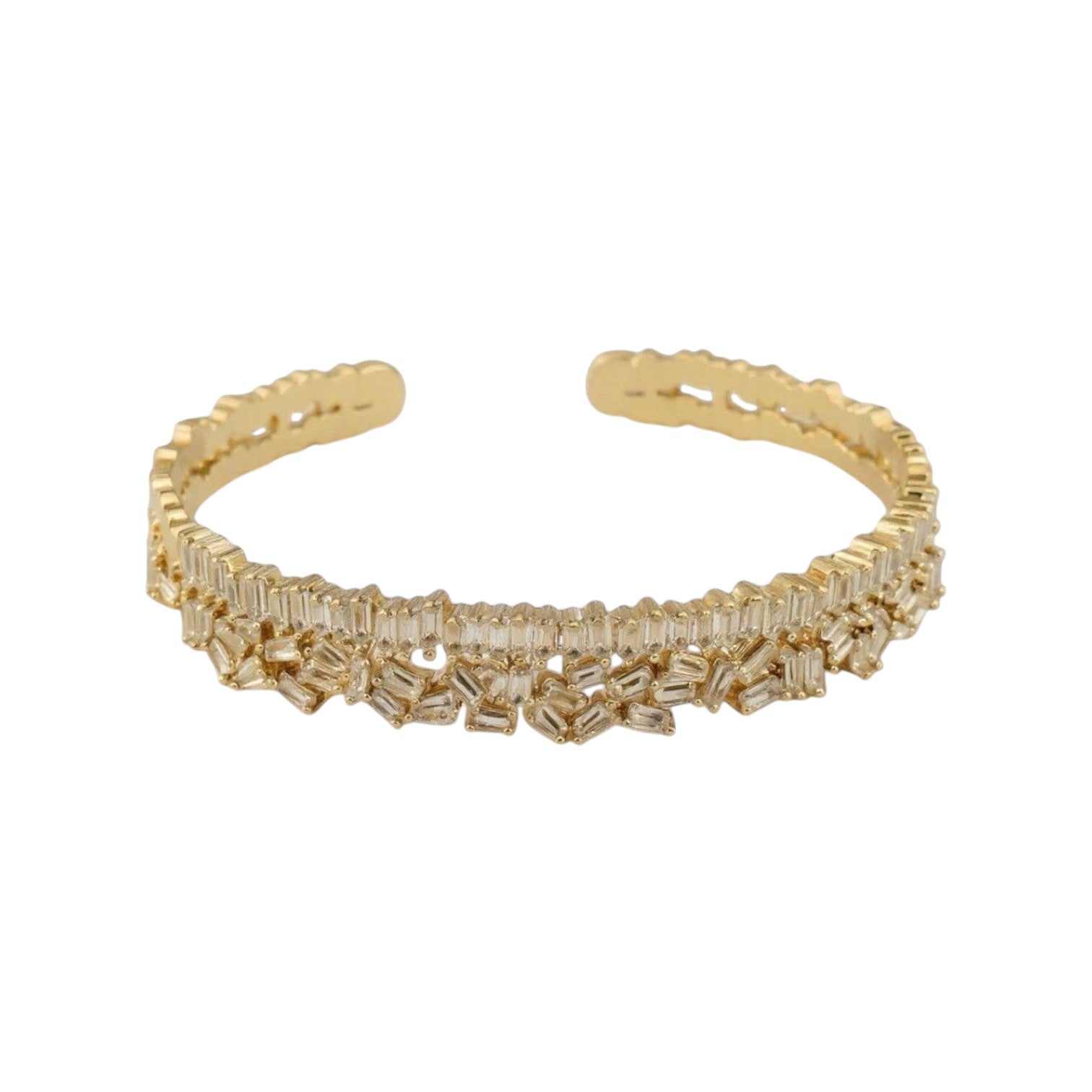 KEVOUR 18K gold-filled open cuff bracelet featuring scattered baguette and round-cut cubic zirconia crystals.