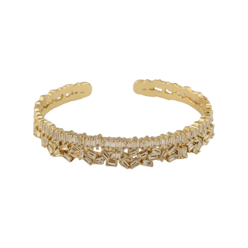 KEVOUR 18K gold-filled open cuff bracelet featuring scattered baguette and round-cut cubic zirconia crystals.