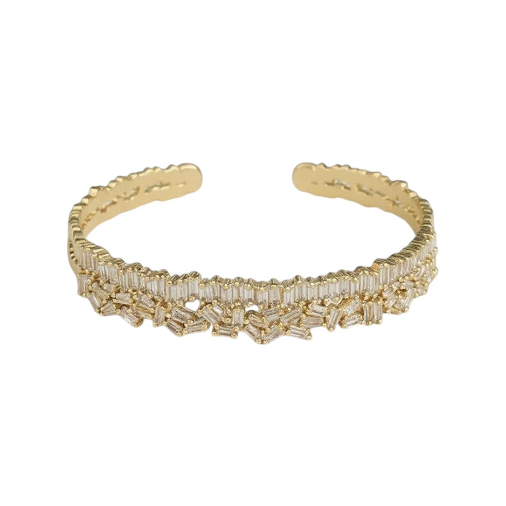KEVOUR 18K gold-filled open cuff bracelet featuring scattered baguette and round-cut cubic zirconia crystals.