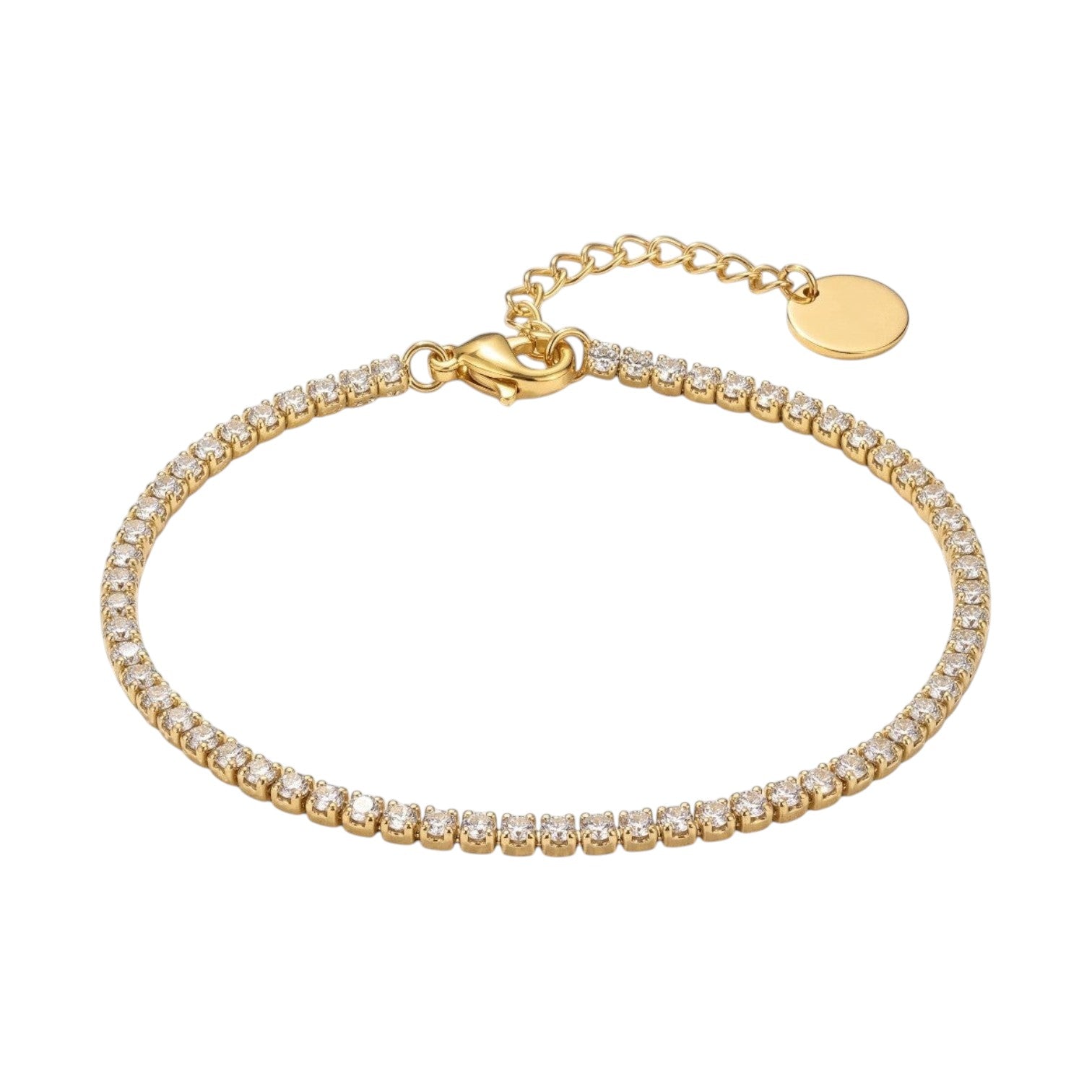 KEVOUR 18K gold-filled tennis bracelet featuring a continuous line of sparkling cubic zirconia and adjustable clasp.