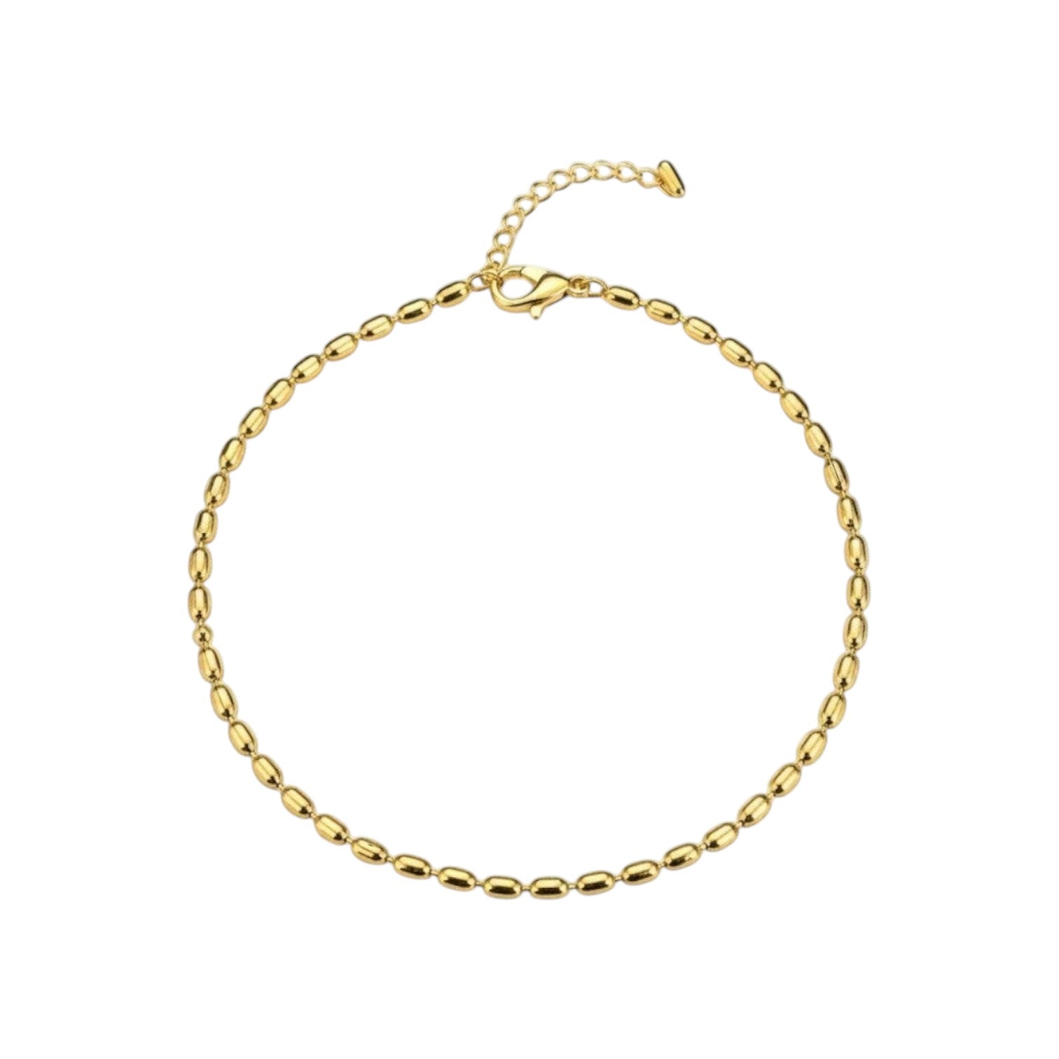 KEVOUR 18K gold-filled bracelet featuring smooth polished oval beads and an adjustable lobster clasp on white background