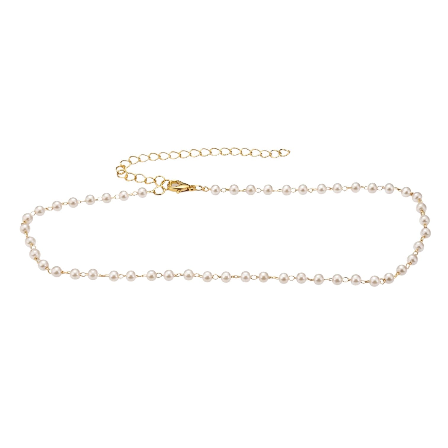 KEVOUR 18K gold-filled necklace featuring hand-linked simulated white pearls and an adjustable chain clasp.