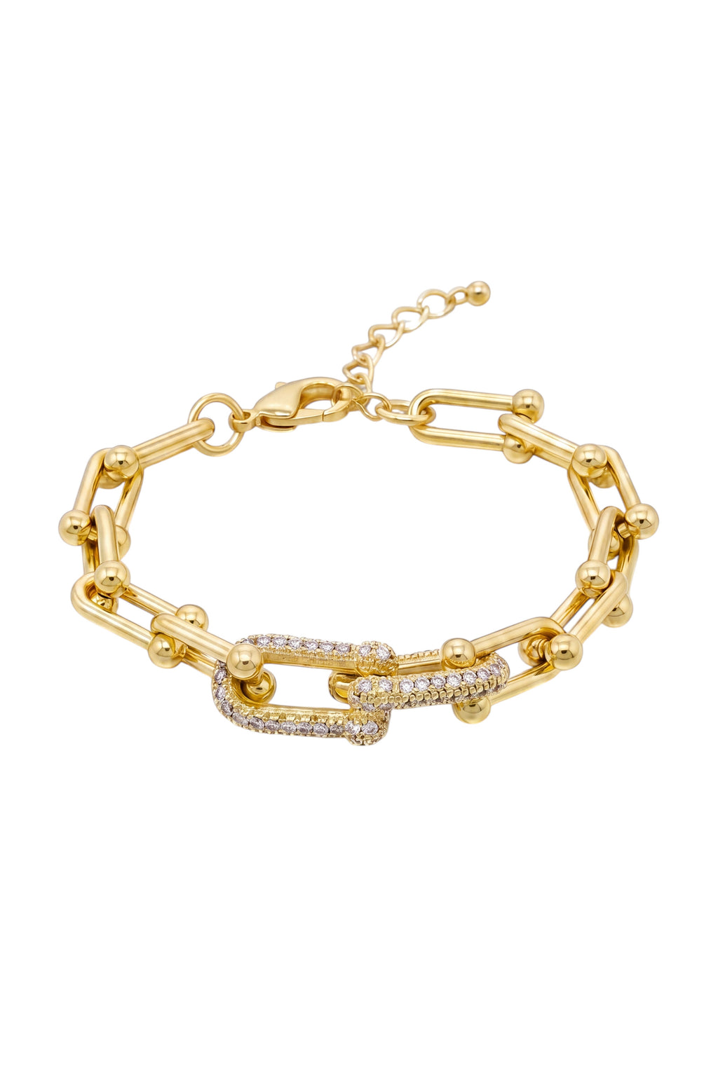 KEVOUR gold-tone link chain bracelet featuring a central clasp embellished with shimmering pavé crystals.