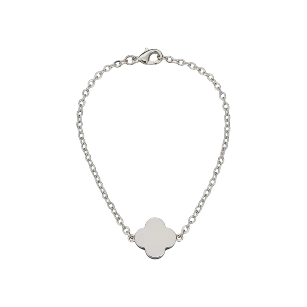 KEVOUR 18K white gold-filled bracelet featuring a glossy black clover charm on a delicate chain with lobster clasp.