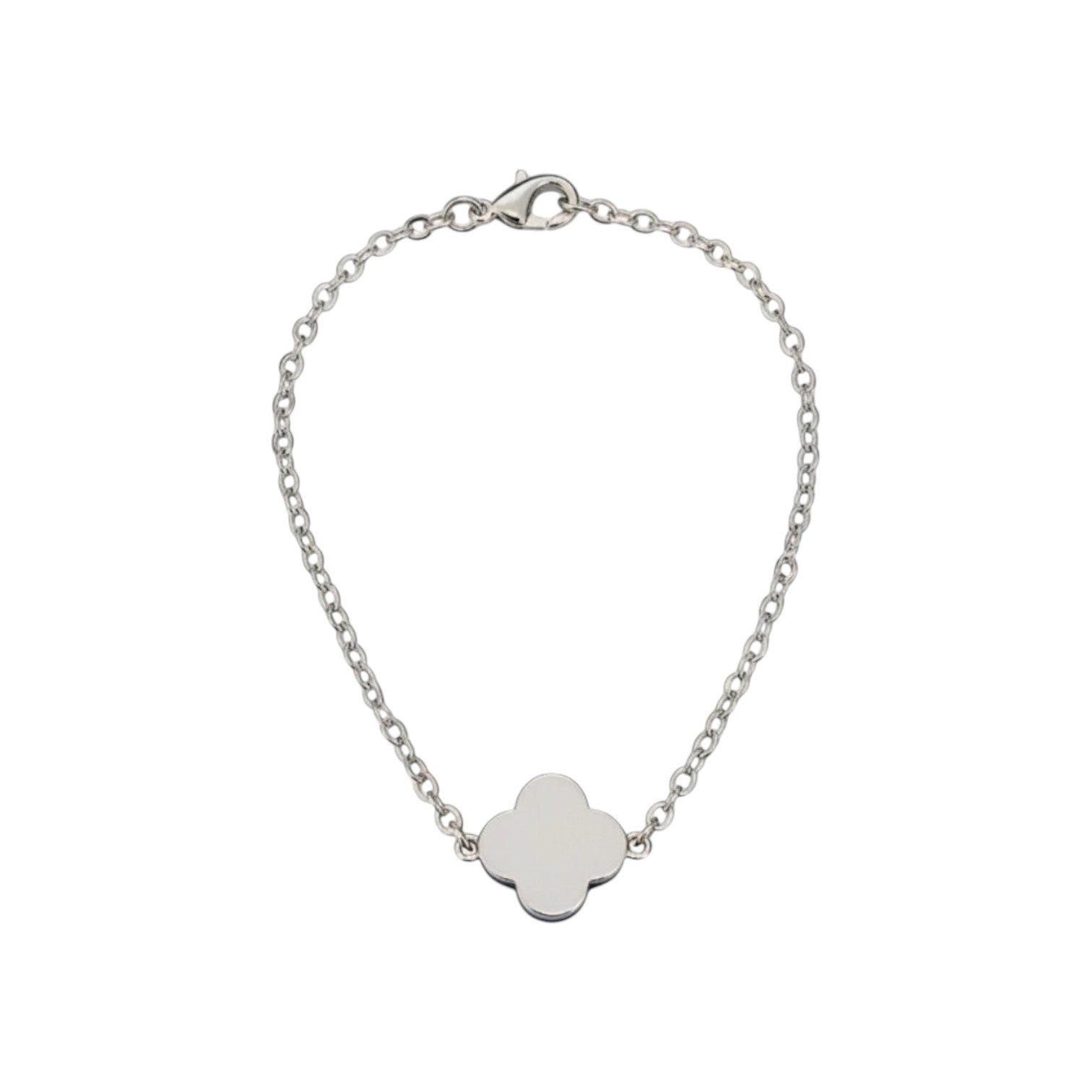 KEVOUR 18K white gold-filled bracelet featuring a glossy black clover charm on a delicate chain with lobster clasp.