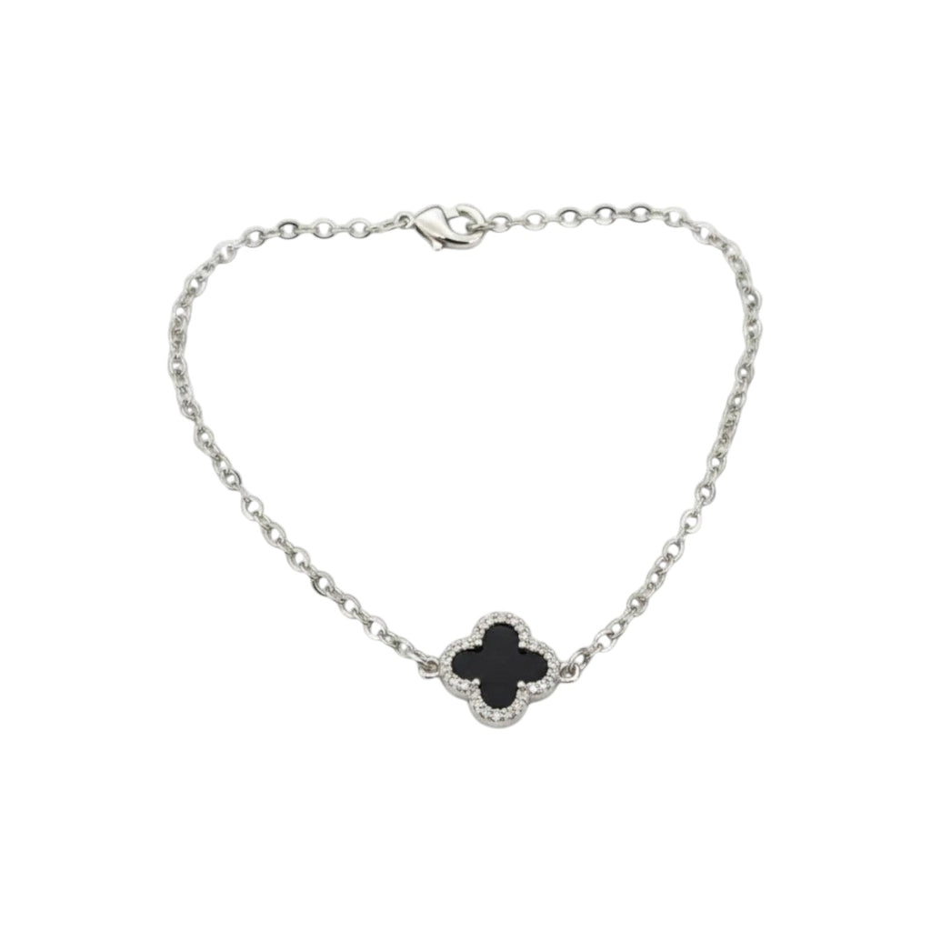 KEVOUR 18K white gold-filled bracelet featuring a black clover charm outlined with pavé cubic zirconia stones.