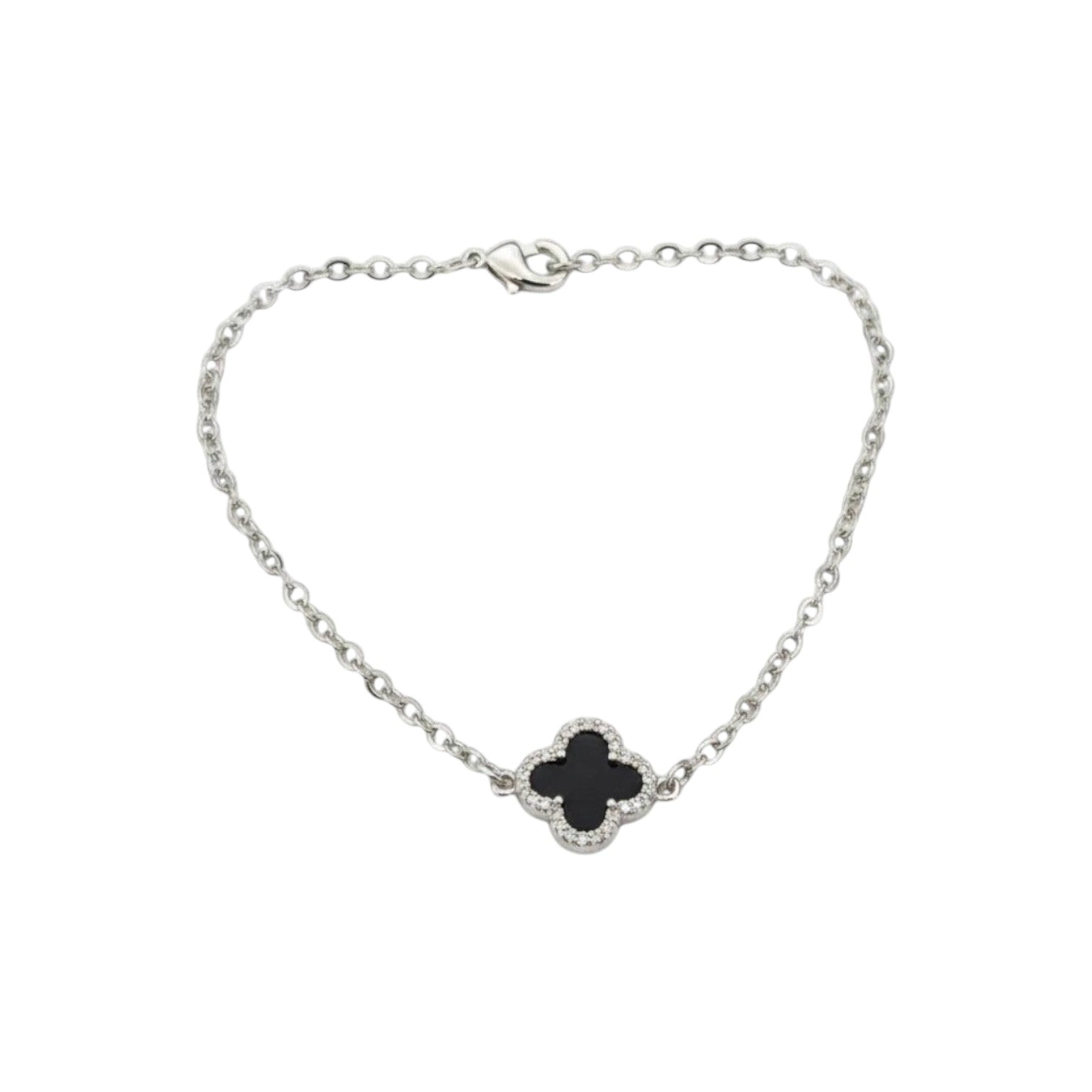 KEVOUR 18K white gold-filled bracelet featuring a black clover charm outlined with pavé cubic zirconia stones.
