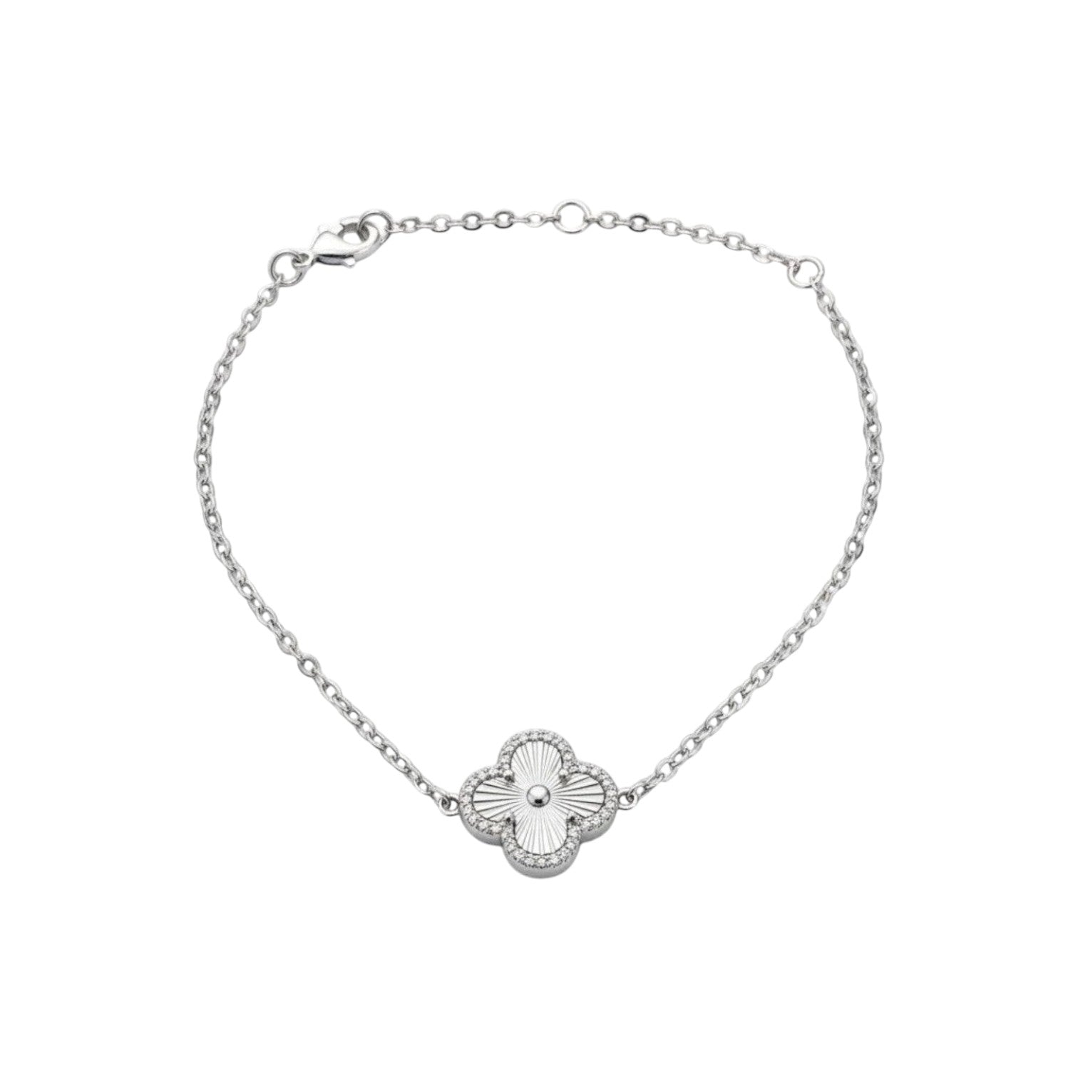 KEVOUR 18K white gold-filled clover bracelet with a fluted charm and pavé cubic zirconia on a delicate chain.