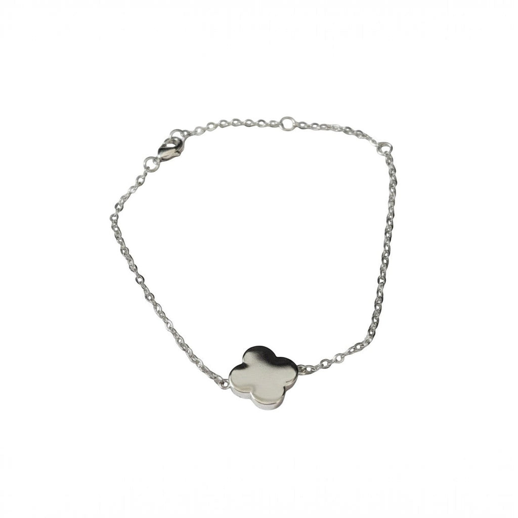 KEVOUR 18K white gold-filled clover charm bracelet on a delicate chain with an adjustable lobster clasp
