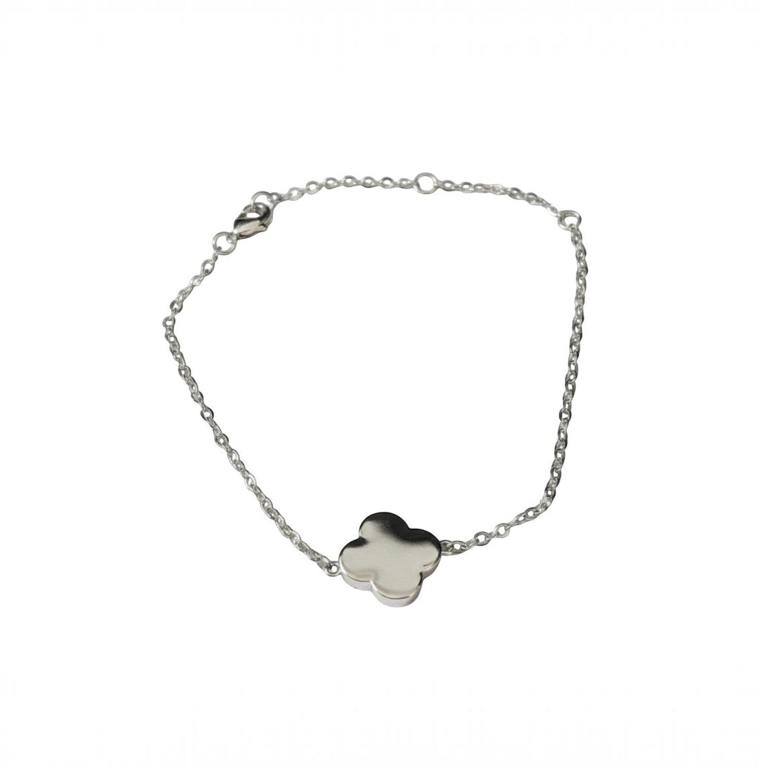 KEVOUR 18K white gold-filled clover charm bracelet on a delicate chain with an adjustable lobster clasp