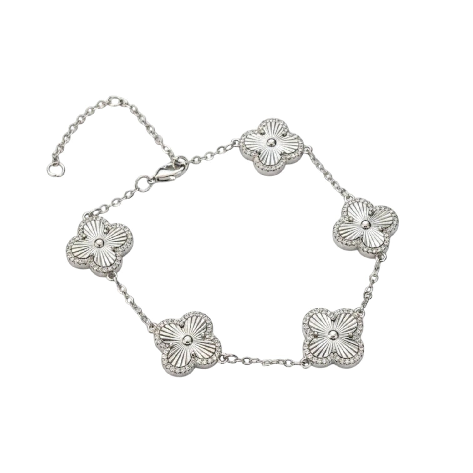 KEVOUR 18K white gold-filled bracelet featuring five fluted clover charms with pavé cubic zirconia accents.
