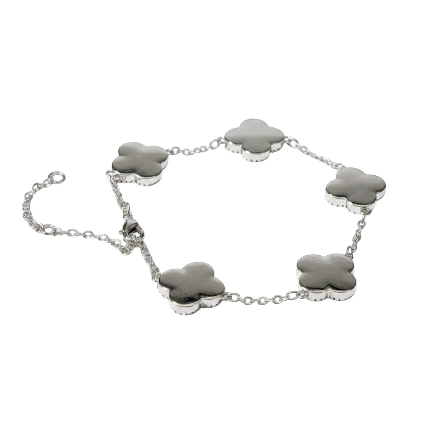 KEVOUR 18K white gold-filled bracelet featuring five fluted clover charms with pavé cubic zirconia accents.