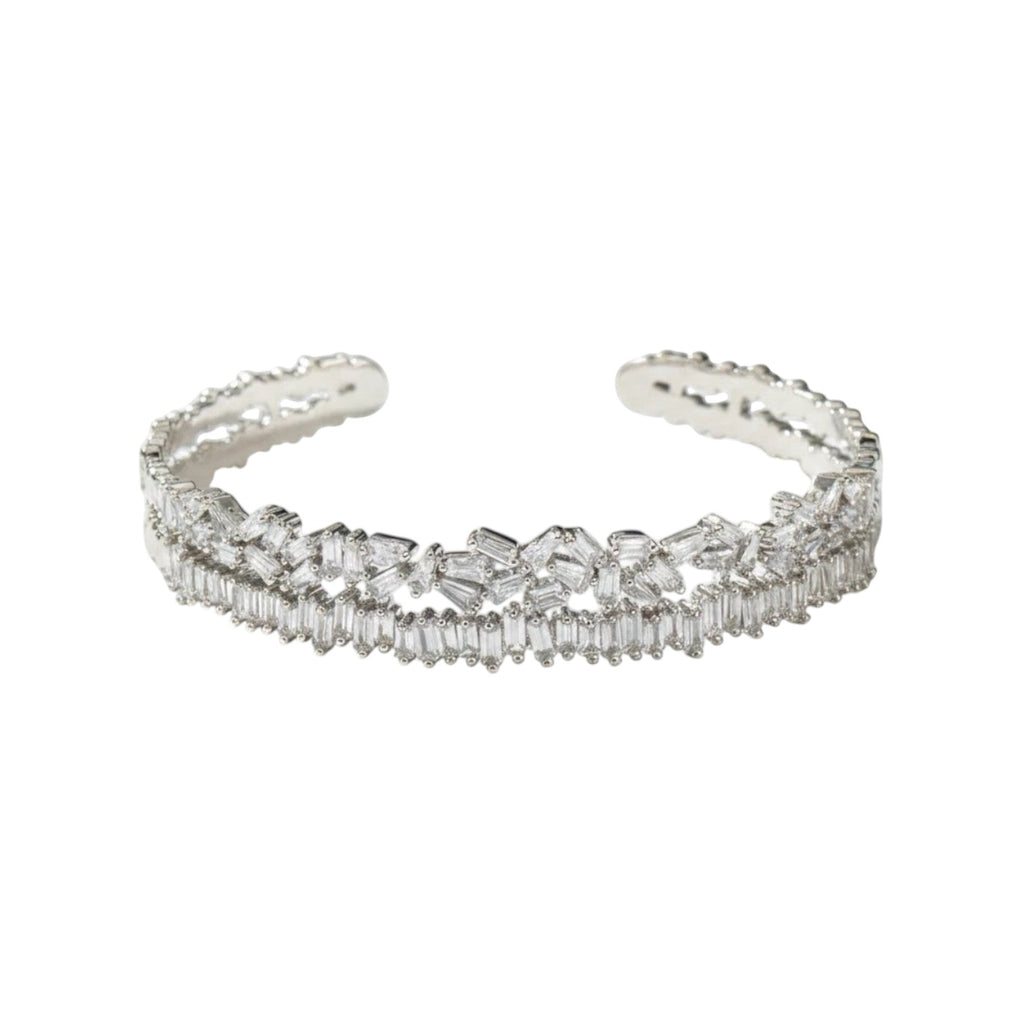 KEVOUR 18K white gold-filled open cuff bracelet featuring sparkling baguette and round-cut cubic zirconia stones.