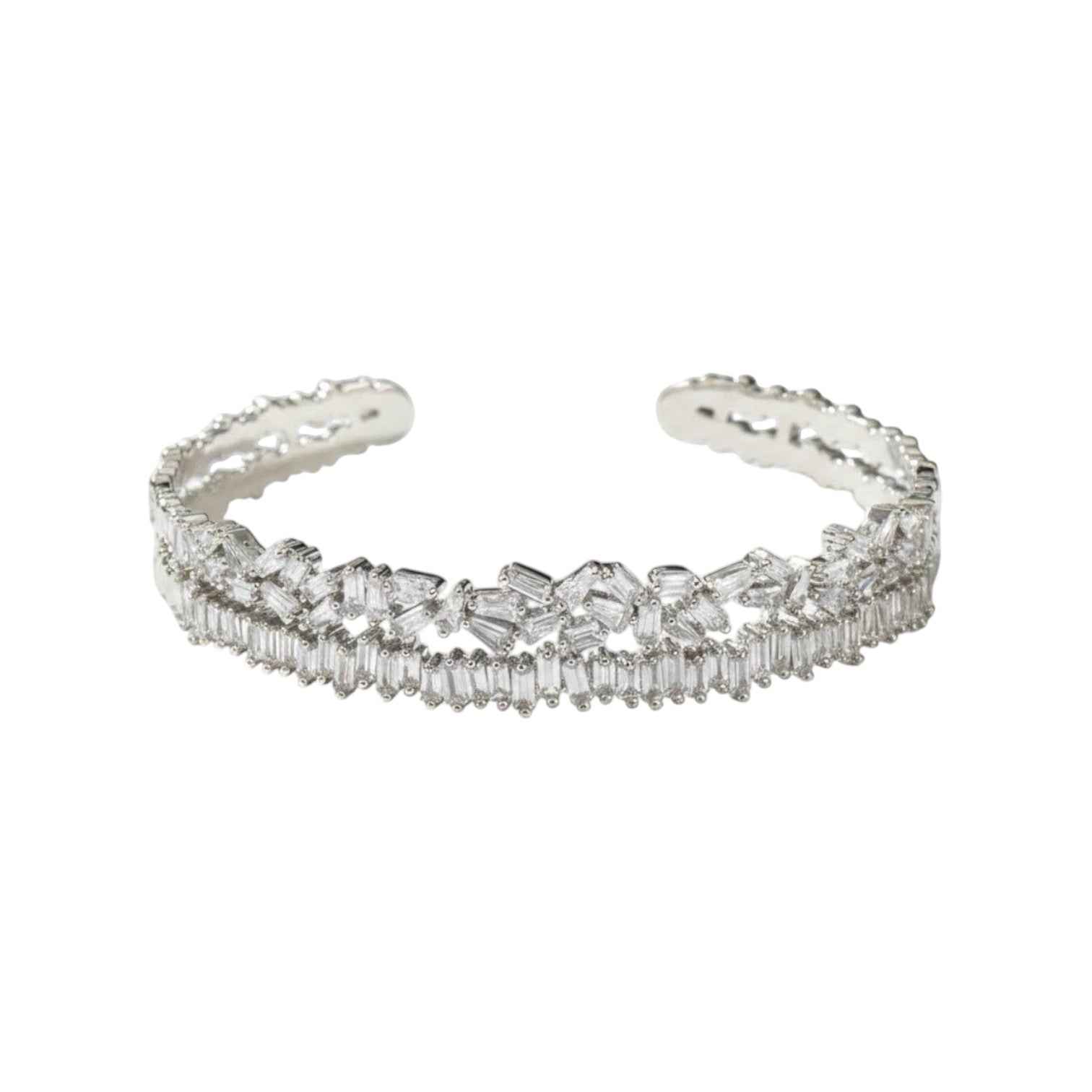KEVOUR 18K white gold-filled open cuff bracelet featuring sparkling baguette and round-cut cubic zirconia stones.