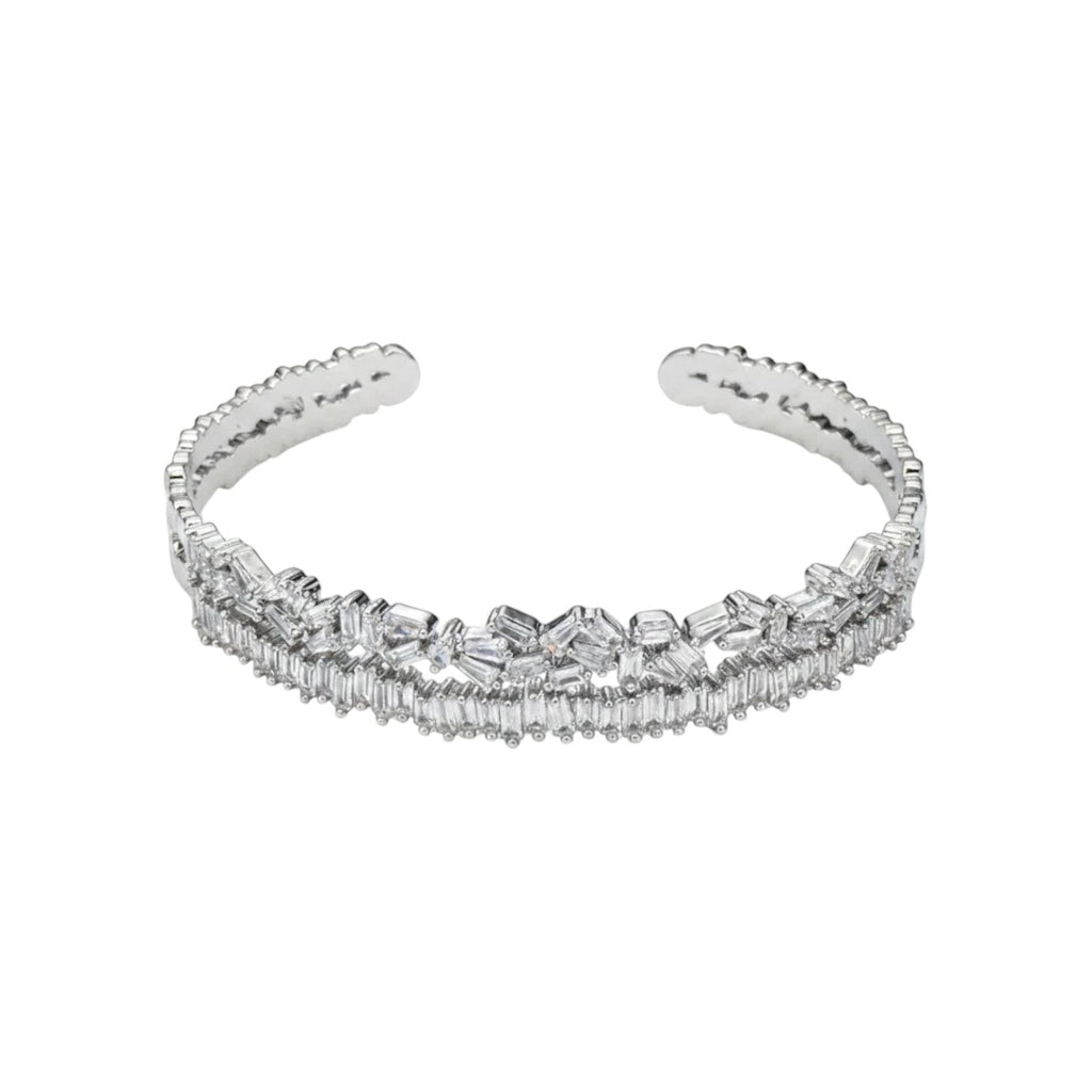KEVOUR 18K white gold-filled open cuff bracelet featuring baguette and round-cut cubic zirconia stones.