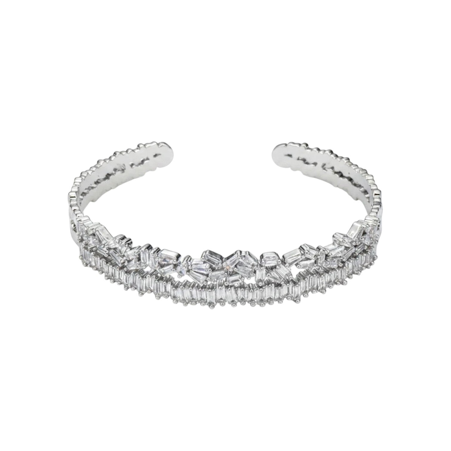 KEVOUR 18K white gold-filled open cuff bracelet featuring baguette and round-cut cubic zirconia stones.